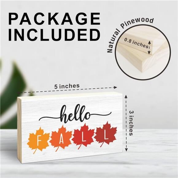 Hello Fall Wooden Block Sign - Watercolor Maple Leaf - Thanksgiving Pine Wood - Picture 2 of 5